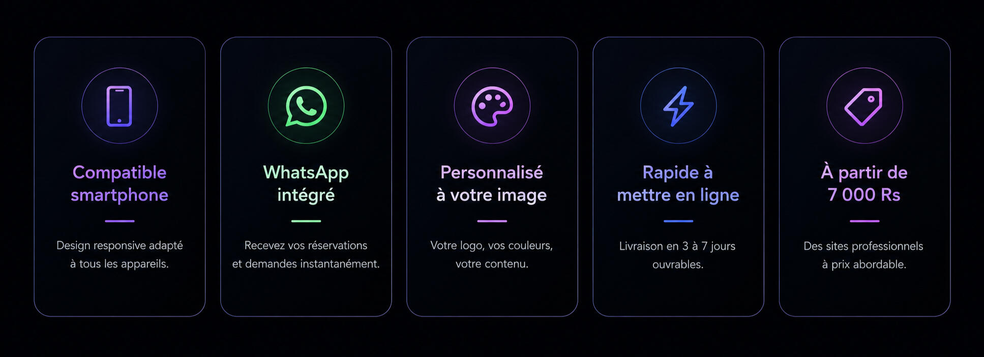 Des sites web prêts à l'emploi dès 7 000 Rs Des sites professionnels modernes, optimisés pour smartphone et conçus pour générer davantage de demandes et de réservations.