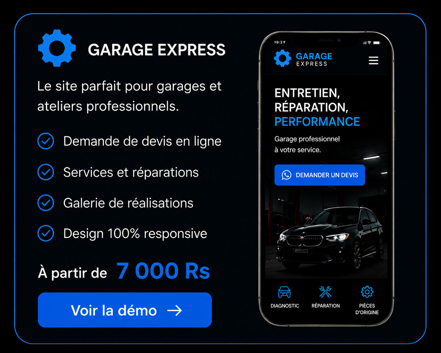 Des sites web prêts à l'emploi dès 7 000 Rs Garage Express Pour garages, ateliers et mécaniciens.