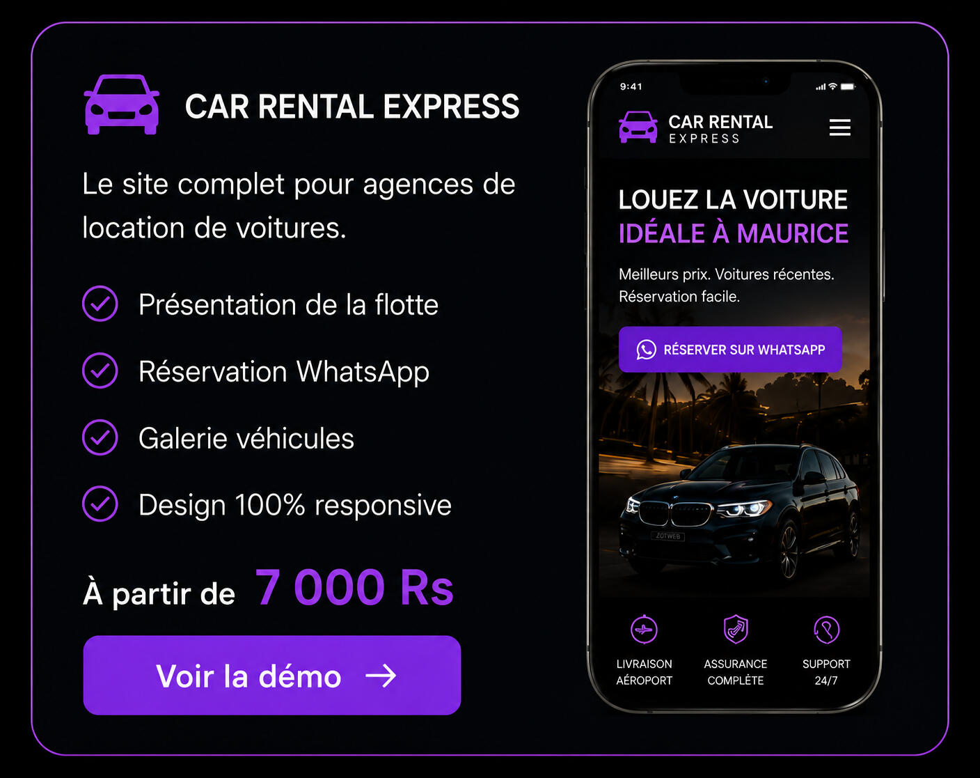 Des sites web prêts à l'emploi dès 7 000 Rs Car Rental Express Pour agences de location de véhicules.